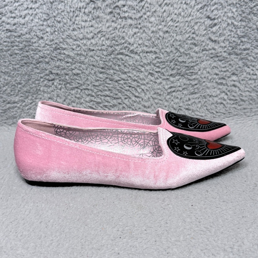 Strange Cvlt Spirit Heart Flat Womens Size 10 Slip On Shoes‎ Pink Velvet Pointy